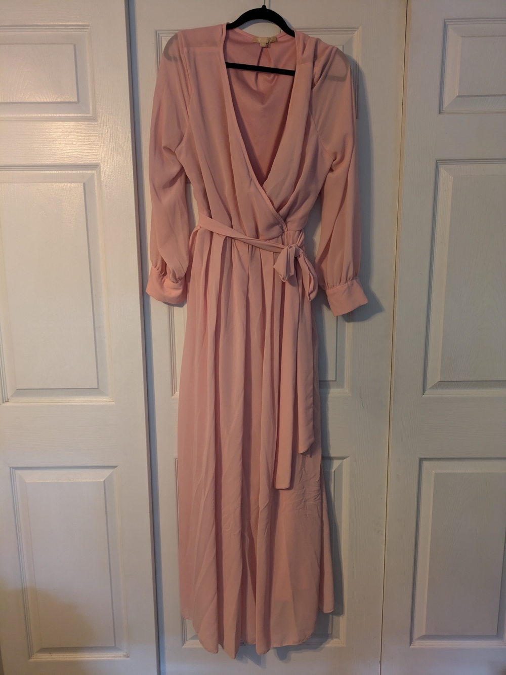3X- Ricarica Blush Pink Chiffon Surplice Maxi Dress Belted Long Sleeve